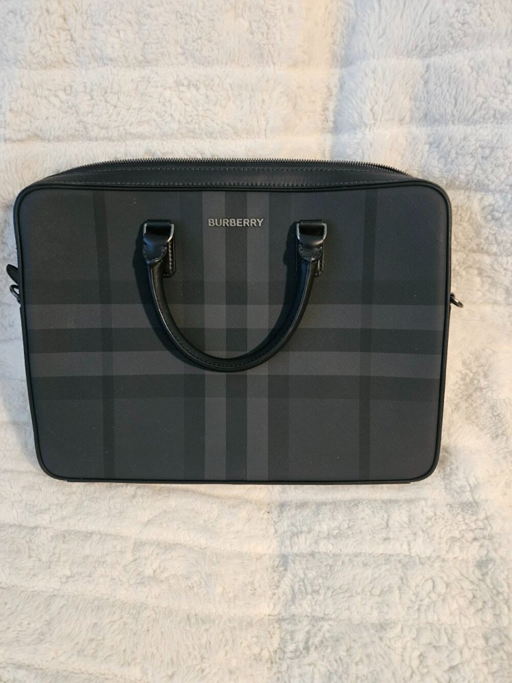 Authentic Burberry London England Black Check Leather Laptop Briefcase Business
